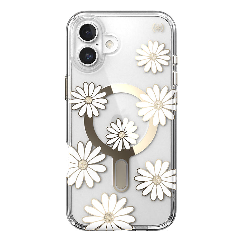 Speck Presidio Lux ClickLock &amp; MagSafe - Hoesje voor iPhone 16 Plus (Sunshine Daisies / Transparant / Goud)