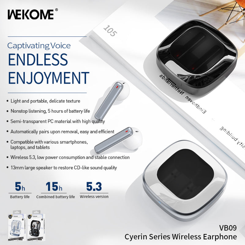 WEKOME VB09 Cyerin-serie - Bluetooth V5.3 TWS draadloze hoofdtelefoon met oplaadetui (zwart)