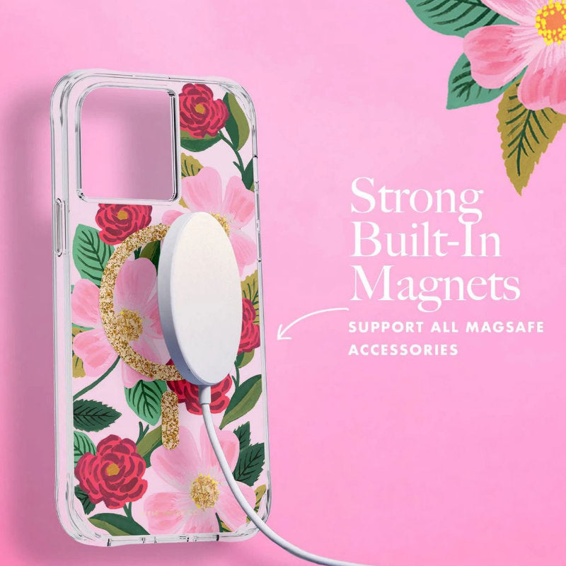 Rifle Paper Clear MagSafe - Hülle in Gold verziert für iPhone 14 / iPhone 13 (Rose Garden)