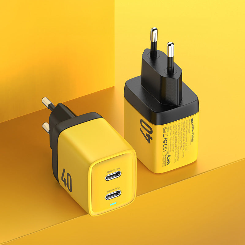 WEKOME WP-U128 - 2x USB-C Super Fast Charge GaN 40W netlader (Geel)