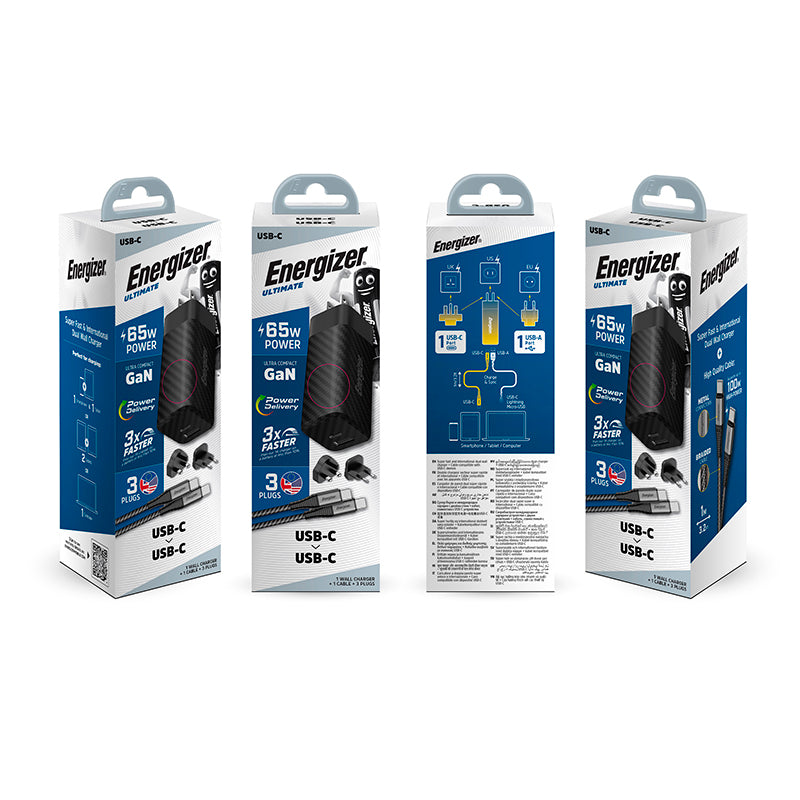 Energizer Ultimate – Multiplug EU/UK/US GaN USB-C &amp; USB-A 65W PD-Netzladegerät + USB-C-Kabel (Schwarz)