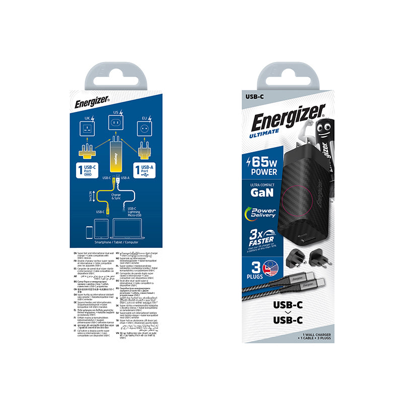 Energizer Ultimate – Multiplug EU/UK/US GaN USB-C &amp; USB-A 65W PD-Netzladegerät + USB-C-Kabel (Schwarz)