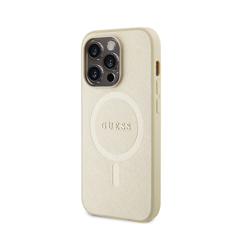 Guess Saffiano MagSafe - iPhone 15 Pro hoesje (goud)