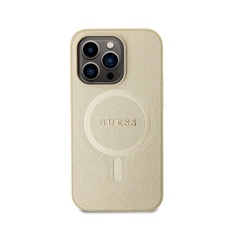 Guess Saffiano MagSafe - iPhone 15 Pro hoesje (goud)