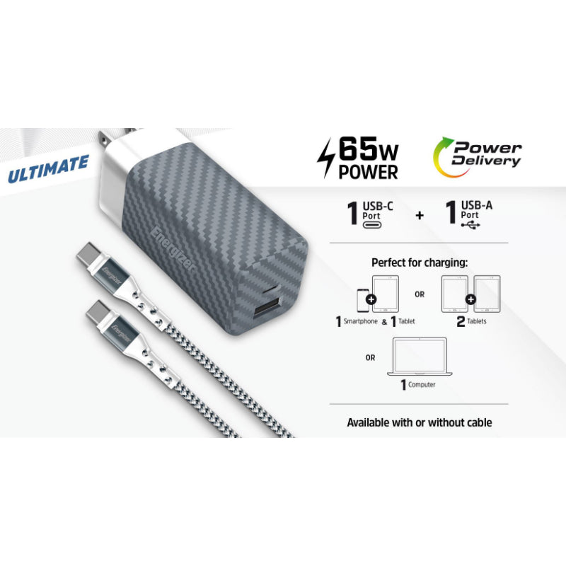 Energizer Ultimate – Multiplug EU/UK/US GaN USB-C &amp; USB-A 65W PD-Netzladegerät + USB-C-Kabel (Schwarz)