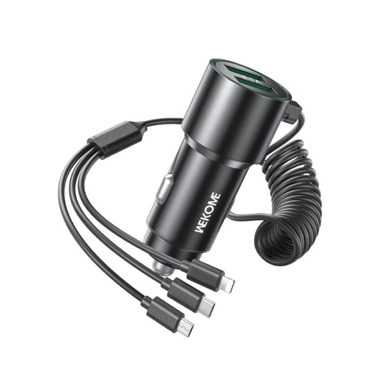 WEKOME WP-C44 Pop Digital Series - Autolader met geïntegreerde 3-in-1 USB-C / Lightning / Micro USB + 2x USB-A 33W kabel (zwart)