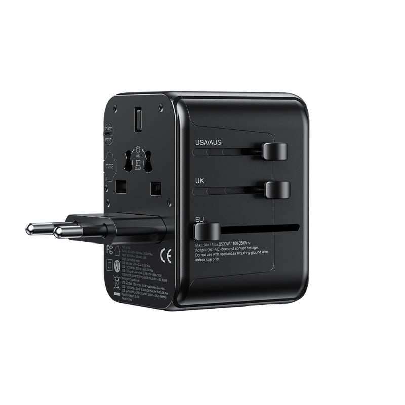 WEKOME WP-U03 Pop Digital Series - EU / UK / US / AU Oplader / Reisadapter + 3x USB-C &amp; 2x USB-A 30W (zwart)