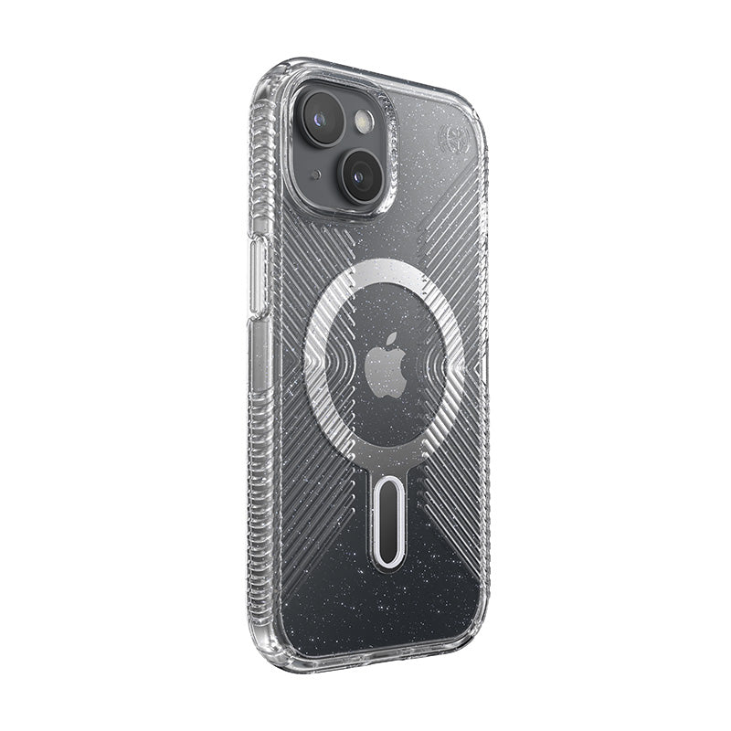 Speck Presidio Lux Grip ClickLock & Magsafe - Case for iPhone 15 / iPhone 14 / iPhone 13 (Clear / Platinium Glitter / Chrome Finish / Serene Silver)