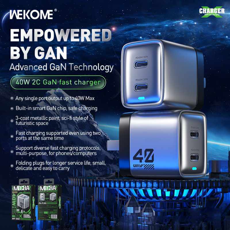 WEKOME WP-U02 Mecha-serie - 2x USB-C supersnelle oplader GaN 40W netlader (zilver)