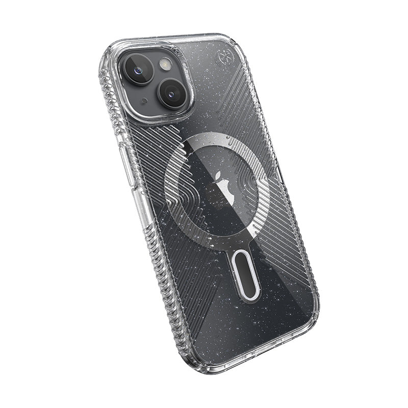 Speck Presidio Lux Grip ClickLock & Magsafe - Case for iPhone 15 / iPhone 14 / iPhone 13 (Clear / Platinium Glitter / Chrome Finish / Serene Silver)