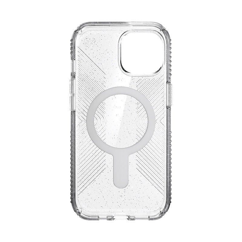 Speck Presidio Lux Grip ClickLock & Magsafe - Case for iPhone 15 / iPhone 14 / iPhone 13 (Clear / Platinium Glitter / Chrome Finish / Serene Silver)