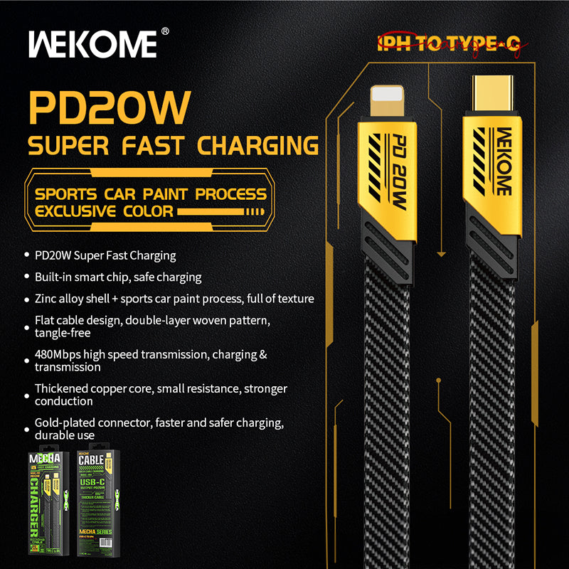 WEKOME WDC-191 Mecha-serie - USB-C naar Lightning PD 20W aansluitkabel 1 m (geel)