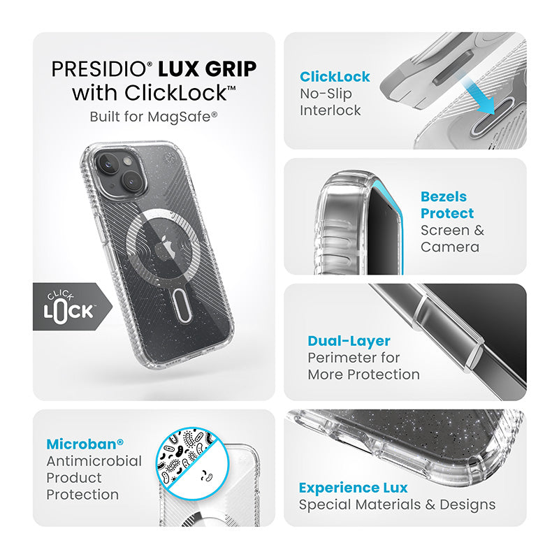 Speck Presidio Lux Grip ClickLock & Magsafe - Case for iPhone 15 / iPhone 14 / iPhone 13 (Clear / Platinium Glitter / Chrome Finish / Serene Silver)