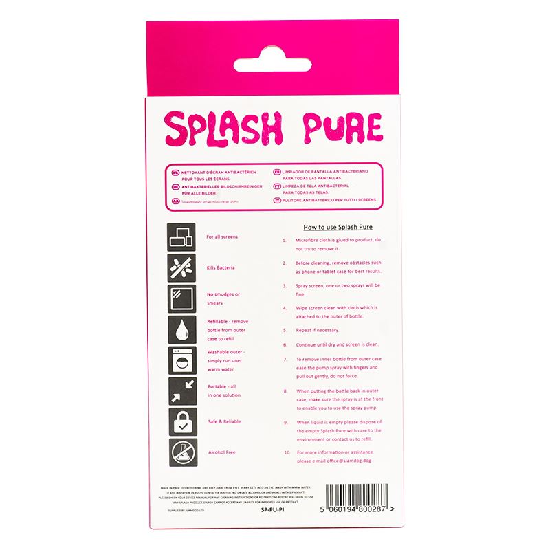 Splash Pure - Antibacterial screen cleaner with microfibre cloth, 20ml (Pink)