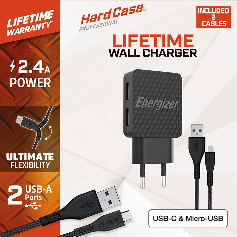 Energizer HardCase – 2x USB-A 12W Netzladegerät + USB-C &amp; Micro-USB-Kabel (Schwarz)