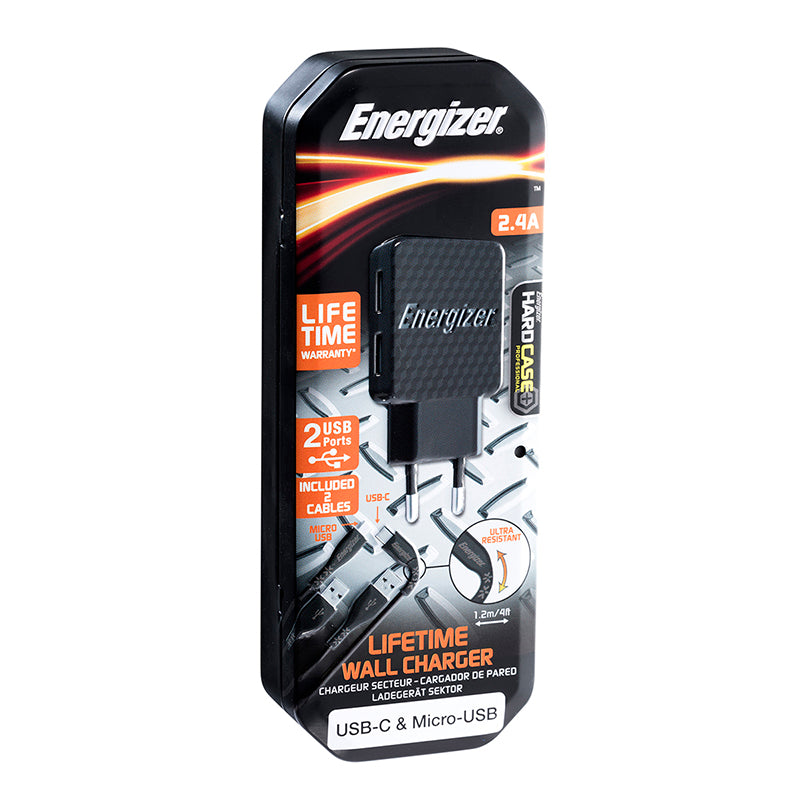 Energizer HardCase – 2x USB-A 12W Netzladegerät + USB-C &amp; Micro-USB-Kabel (Schwarz)