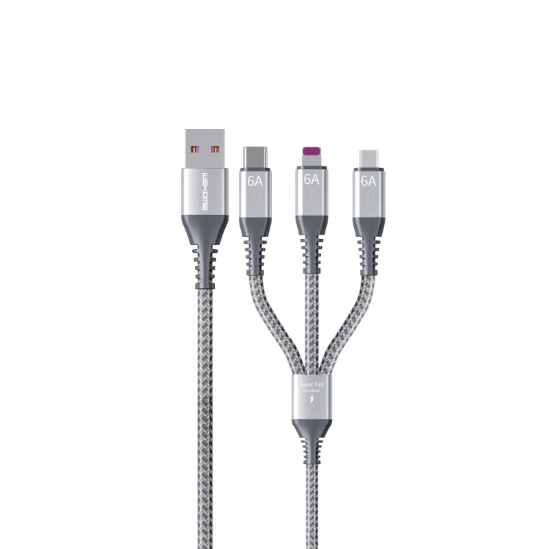 WEKOME WDC-170 Raython-serie - 3-in-1 USB-A naar USB-C + Lightning + Micro USB 1,2 m snellaad-PD-kabel (zilver)