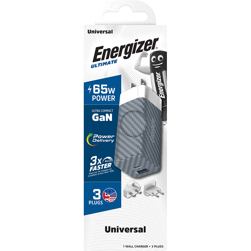 Energizer Ultimate – Multiplug EU/UK/US GaN USB-C &amp; USB-A 65W PD-Netzladegerät (Silber)