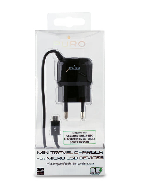 PURO Mini-Reiseladegerät – tragbares Wandladegerät mit Micro-USB-Kabel (schwarz)