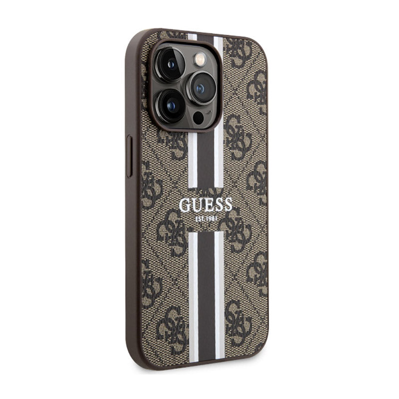 Guess 4G Printed Stripes MagSafe - Hülle für iPhone 14 Pro Max (Braun)