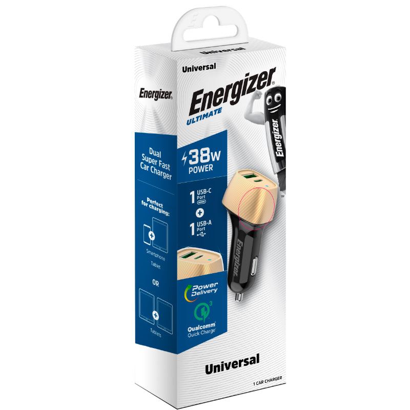 Energizer Ultimate - USB-C &amp; USB-A 38W PD + QC3.0 Autoladegerät (Gold / Schwarz)