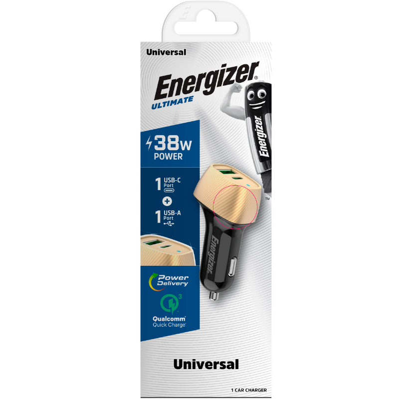 Energizer Ultimate - USB-C &amp; USB-A 38W PD + QC3.0 Autoladegerät (Gold / Schwarz)