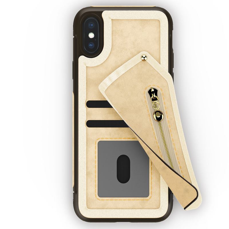 Zizo Nebula Wallet Case - Portemonnee Achterkant en Ritszakje met Gehard Glas Screenprotector voor iPhone X (Tan/Bruin)