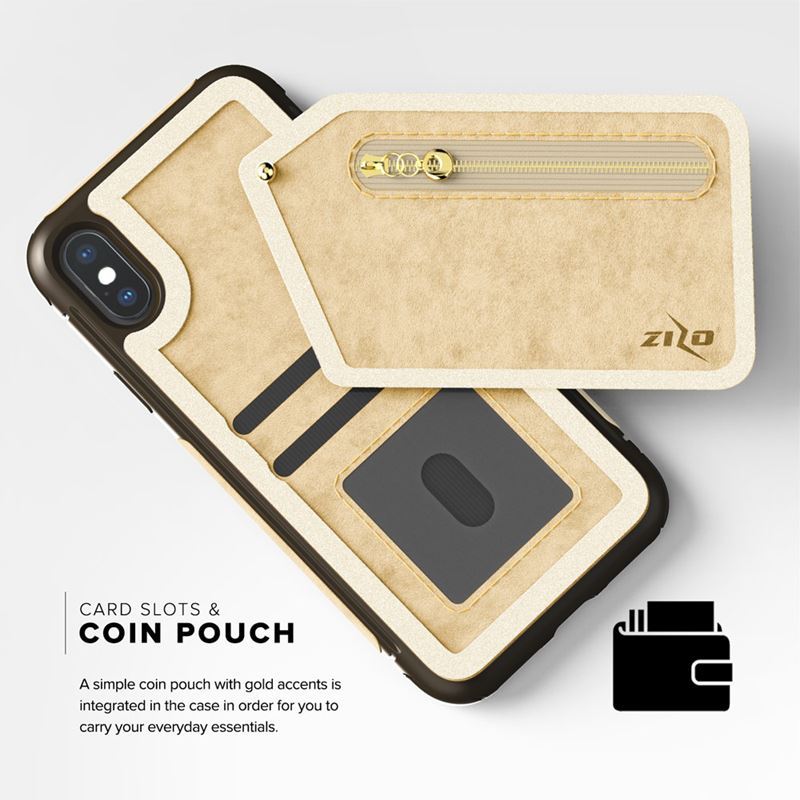 Zizo Nebula Wallet Case - Portemonnee Achterkant en Ritszakje met Gehard Glas Screenprotector voor iPhone X (Tan/Bruin)