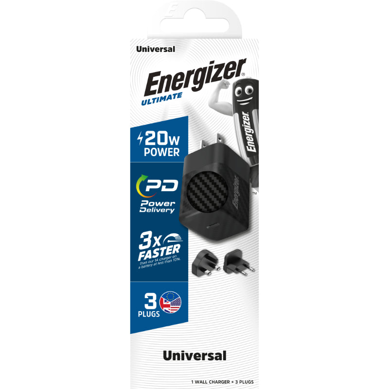 Energizer Ultimate – Multiplug EU/UK/US GaN 20W PD-Netzladegerät (Schwarz)