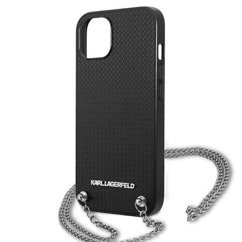 Karl Lagerfeld Lederstruktur und Kette - Hülle für iPhone 13 mini (Schwarz)