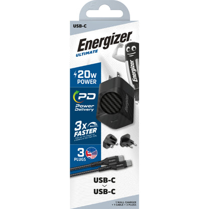 Energizer Ultimate – Multiplug EU/UK/US GaN 20 W PD-Netzladegerät + USB-C-Kabel (schwarz)