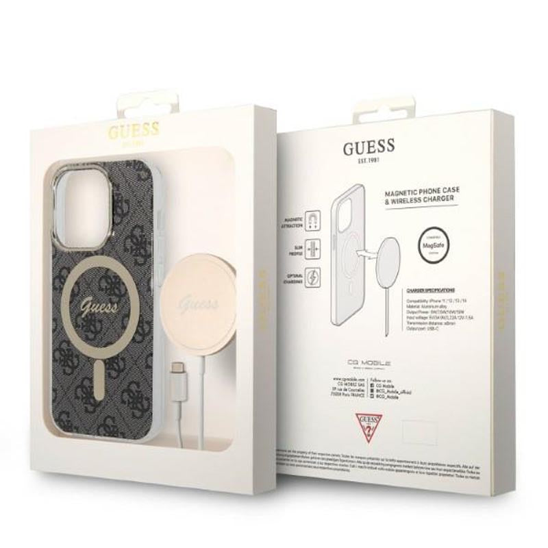 Guess Bundle Pack MagSafe 4G - Hüllenset für iPhone 14 Pro + MagSafe-Ladegerät (Schwarz/Gold)