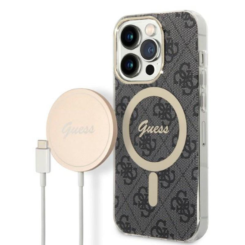 Guess Bundle Pack MagSafe 4G - Hüllenset für iPhone 14 Pro + MagSafe-Ladegerät (Schwarz/Gold)