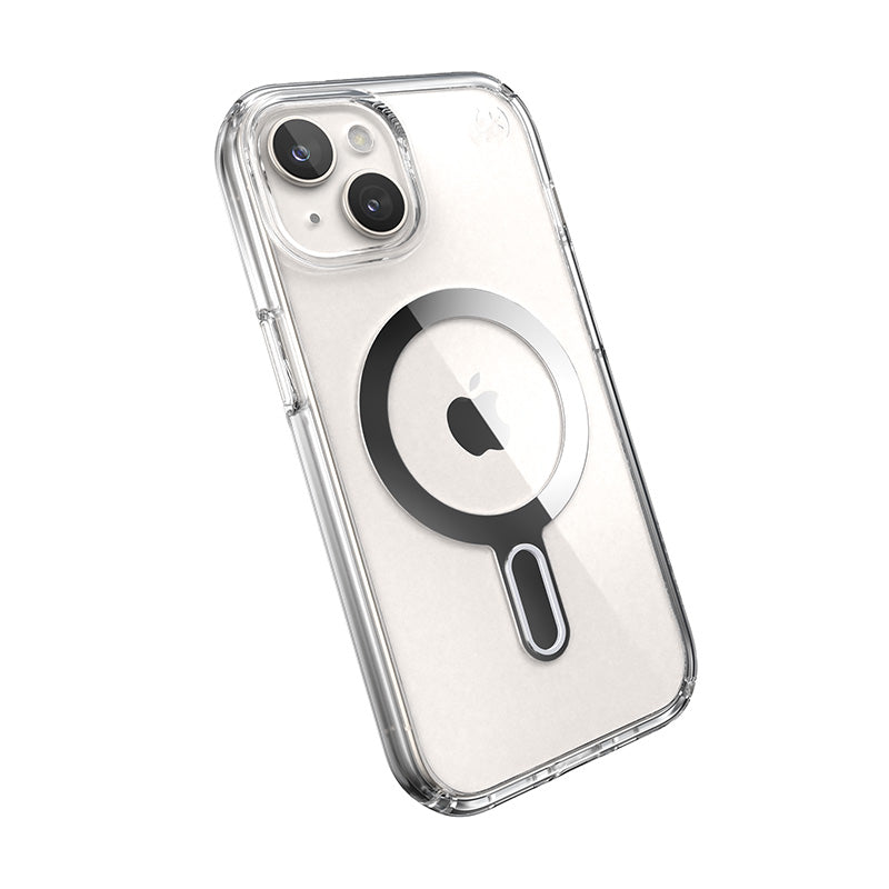 Speck Presidio Perfect-Clear ClickLock & Magsafe - Case for iPhone 15 / iPhone 14 / iPhone 13 (Clear / Chrome Finish / Serene Silver)