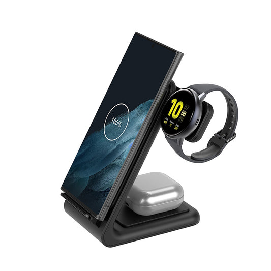 Crong PowerSpot Pivot Stand – 3-in-1 kabelloses Ladegerät für Samsung &amp; Android, Galaxy Watch und TWS-Kopfhörer (schwarz)