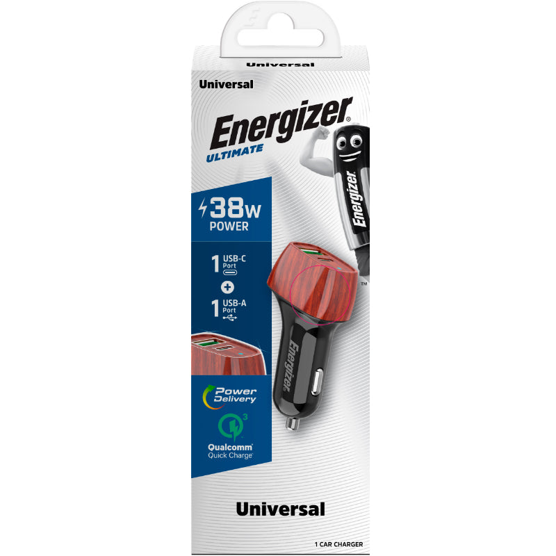 Energizer Ultimate - USB-C &amp; USB-A 38W PD + QC3.0 autolader (WALNOOT)