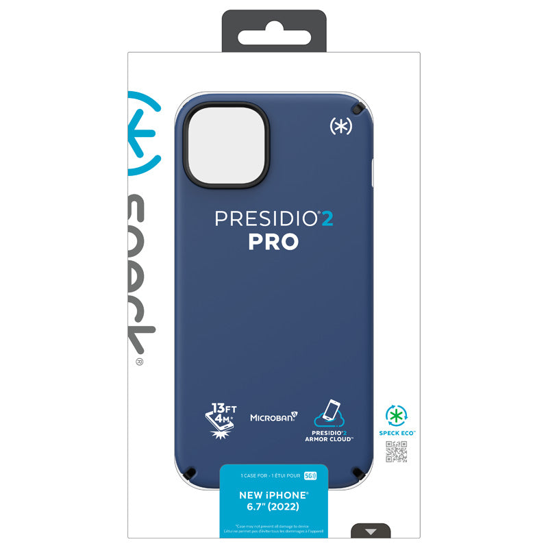 Speck Presidio2 Pro - Case for iPhone 15 Plus / 14 Plus with MICROBAN coating (Coastal Blue / Black / White)