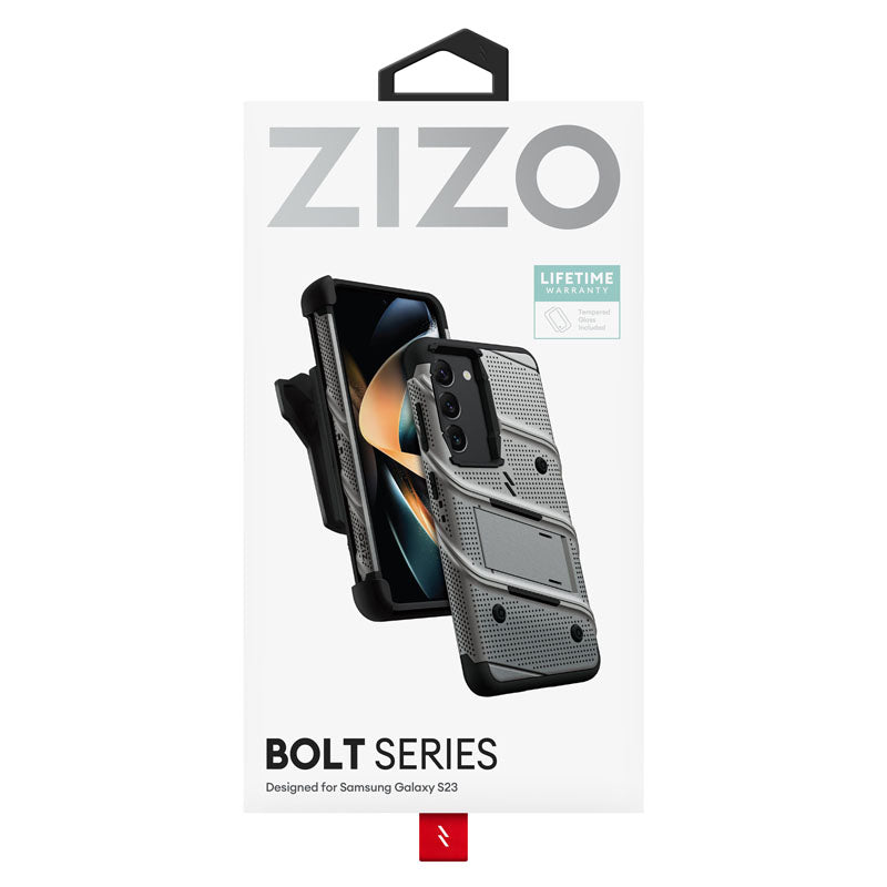 ZIZO BOLT-Serie – Gepanzerte Hülle für Samsung Galaxy S23 mit 9H-Glas für Bildschirm + Halterung mit Ständer (Grau)