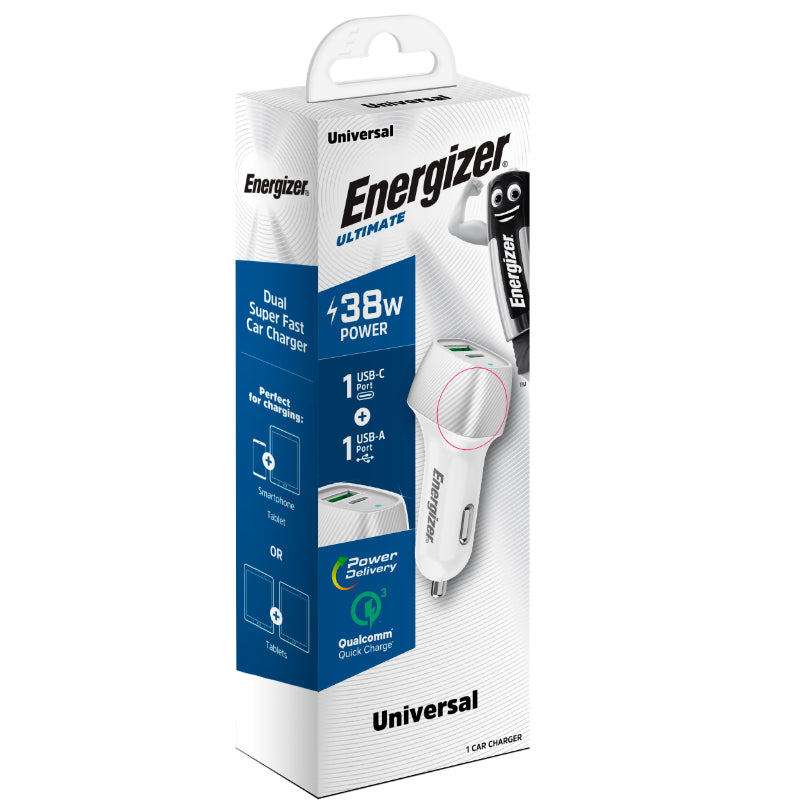 Energizer Ultimate - USB-C &amp; USB-A 38W PD + QC3.0 Autoladegerät (Weiß / Silber)