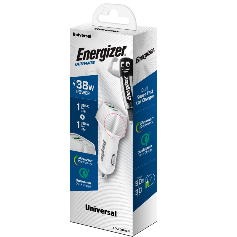 Energizer Ultimate - USB-C &amp; USB-A 38W PD + QC3.0 Autoladegerät (Weiß / Silber)