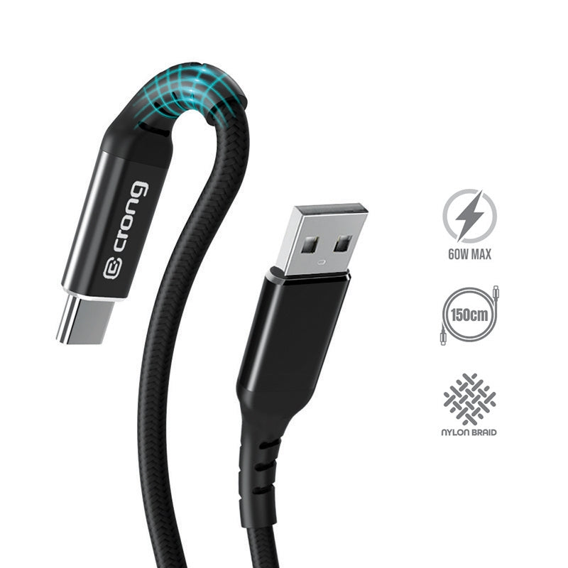 Crong Armor Link – USB-C auf USB-A 60 W geflochtenes Kabel, Schnellladung, 150 cm (schwarz)