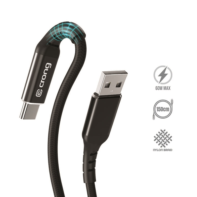 Crong Armor Link – USB-C auf USB-A 60 W geflochtenes Kabel, Schnellladung, 150 cm (schwarz)