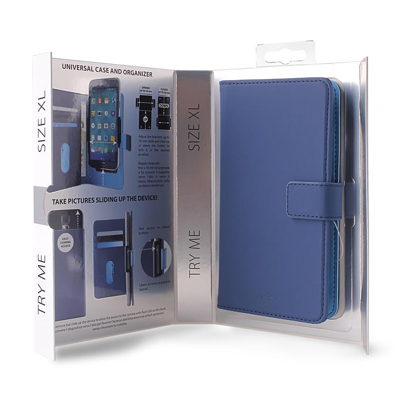 PURO Smart Wallet - Universele case met houder voor het maken van foto's met vakken voor kaarten en geld, maat XL (blauw)