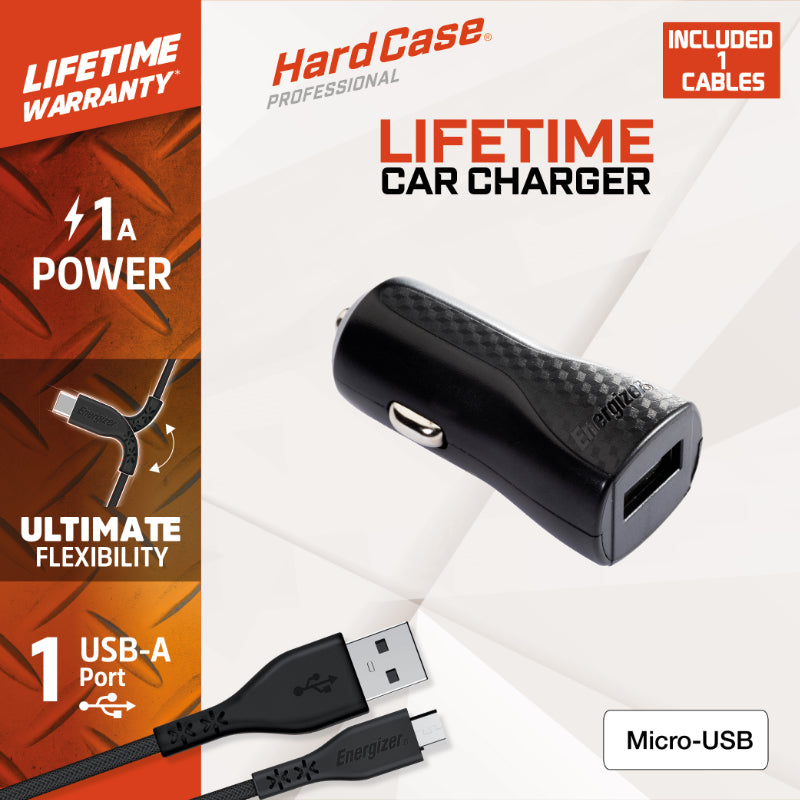 Energizer HardCase - USB-A 1A Autoladegerät + Micro-USB-Kabel (Schwarz)