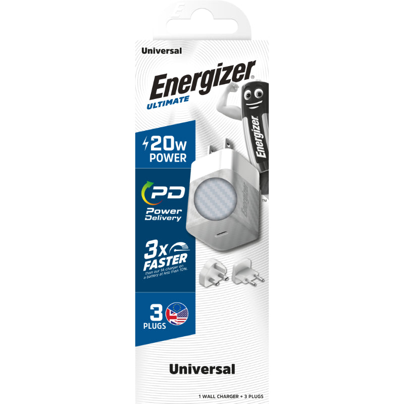 Energizer Ultimate – Multiplug EU/UK/US GaN 20W PD-Netzladegerät (Silber)