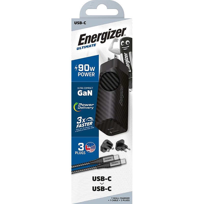 Energizer Ultimate – Multiplug EU/UK/US GaN USB-C &amp; USB-A 90W PD-Netzladegerät + USB-C-Kabel (Schwarz)