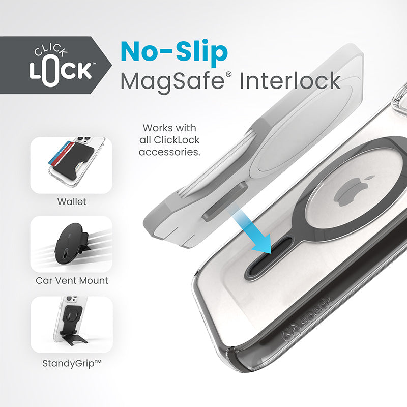 Speck Presidio Perfect-Clear ClickLock & Magsafe - Case for iPhone 15 / iPhone 14 / iPhone 13 (Clear / Frosted Black / Slate Grey)