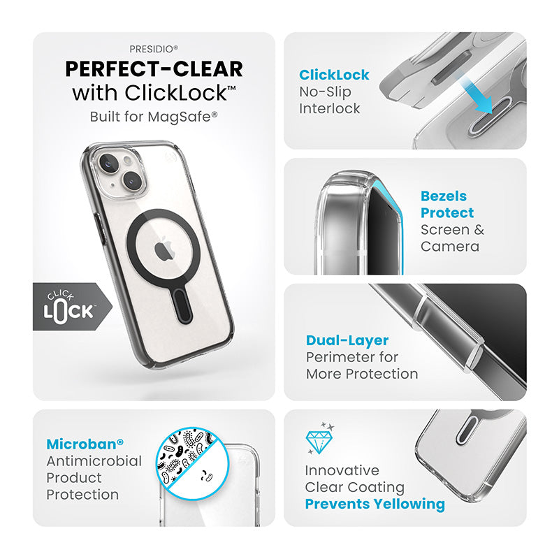 Speck Presidio Perfect-Clear ClickLock & Magsafe - Case for iPhone 15 / iPhone 14 / iPhone 13 (Clear / Frosted Black / Slate Grey)