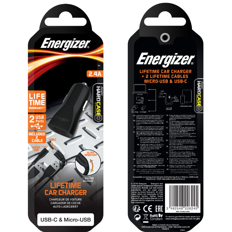 Energizer HardCase - Autolader 2x USB-A 2.4A + USB-C &amp; Micro USB kabel (Zwart)