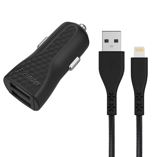 Energizer HardCase - Autolader 2x USB-A 17W 3.4A + MFi gecertificeerde Lightning-kabel (zwart)